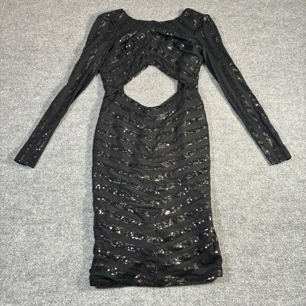 House of CB Sequin Mini Dress Womens XS Black Cutout Open Back Long Sleeve - Picture 10 of 15